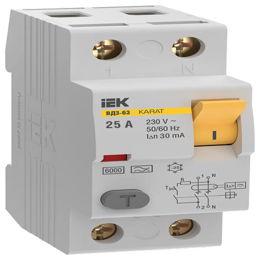 Выключатель дифференциальный (УЗО) KARAT ВД3-63 2P 25А 30мА 6кА тип AC | код MDV20-2-025-030 | IEK (2шт. в упак.)