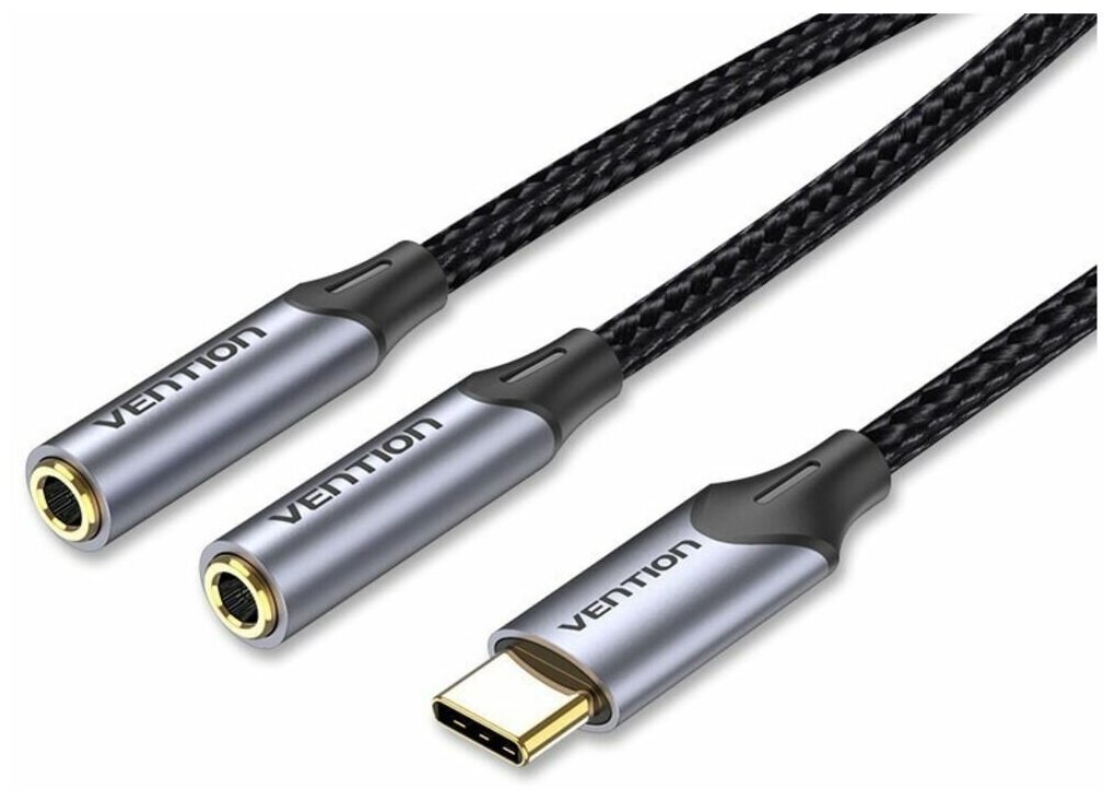 Переходник-разветвитель Vention гибкий USB-C M/Jack 3.5 mm F x 2 (Аудио+Микрофон) - 0.3м Vention BGPHY - фото №1