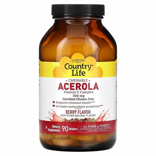 Country Life Chewable Acerola Vitamin C Complex (ацерола в жевательной форме комплекс витамина C) со вкусом ягод 500 мг 90 жевательных таблеток