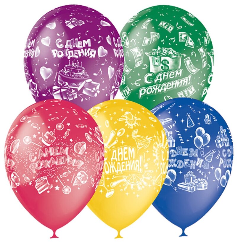 Воздушные шары, 25шт, M12/30см, ПатиБум "С Днем Рождения", пастель+декор, растровый рисунок