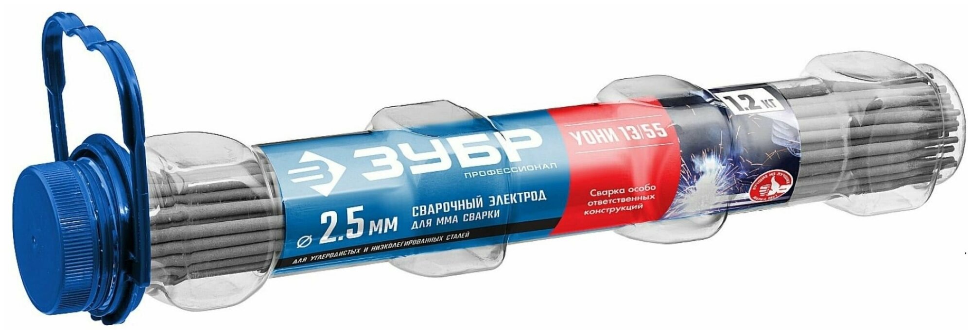 ЗУБР Электрод сварочный УОНИ 13/55 с основным покрытием для ММА сварки d 2.5 х 350 мм 12 кг в ПВХ тубе ЗУБР Профессионал 40021-2.5