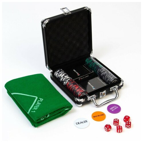 Покер в кейсе SIMA LAND (100 фишек, 5 кубиков, 2 колоды карт), с номиналом, вес фишки 13 г, 49 x 25 см