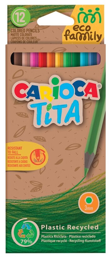 Карандаши цветные 12 цветов Carioca Tita EcoFamily (L=175мм, D=7мм, 6гр) картон, европодвес (43097)