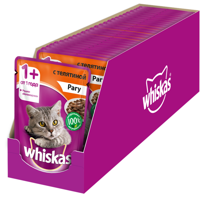 Влажный корм для кошек Whiskas телятина 85 г (кусочки в соусе)