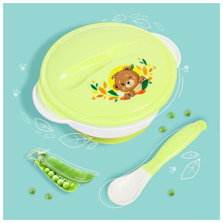 Mum&Baby Набор детской посуды «Друзья», 3 предмета: тарелка на присоске, крышка, ложка, цвет зелёный