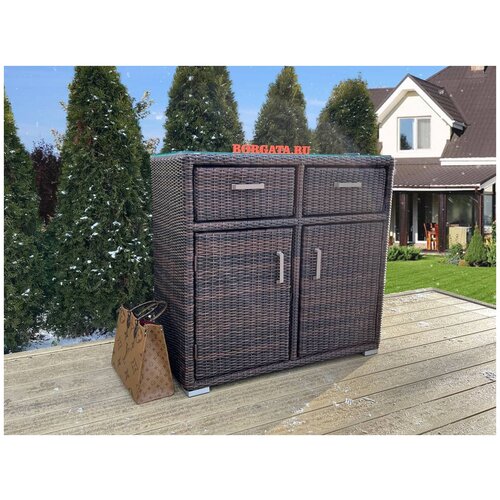 Комод Borgata LAGUNE/LEON brown с 2-мя створками и 2-мя ящиками, плетеный, искусственный ротанг, стеклянная столешница, 110х50х103 см (ШхГхВ)