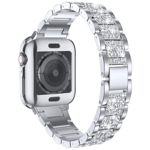Ремешок металлический блочный c камнями для Apple Watch 42/44/45 mm Series 1-7/ SE , Цвет Серебро