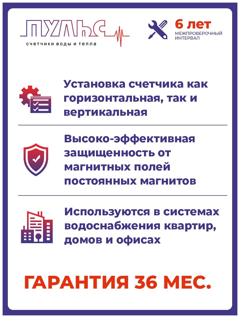 Счетчик воды/водосчетчик Пульс 15У-110, Ду15, 110 мм, универсальный, для холодной и горячей воды, с монтажным комплектом, безимпульсный