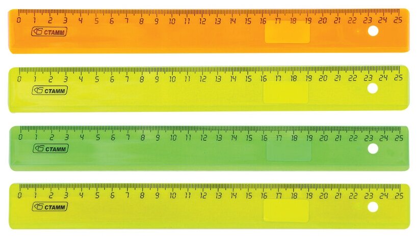 Линейка 25см СТАММ, пластиковая, прозрачная, неоновые цвета, ассорти - 40 шт.