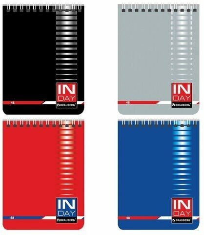 Блокнот малый формат А6 108х146 мм, 48 л, гребень, мелованная картонная обложка, клетка, BRAUBERG, "INDAY", ассорти, 121721