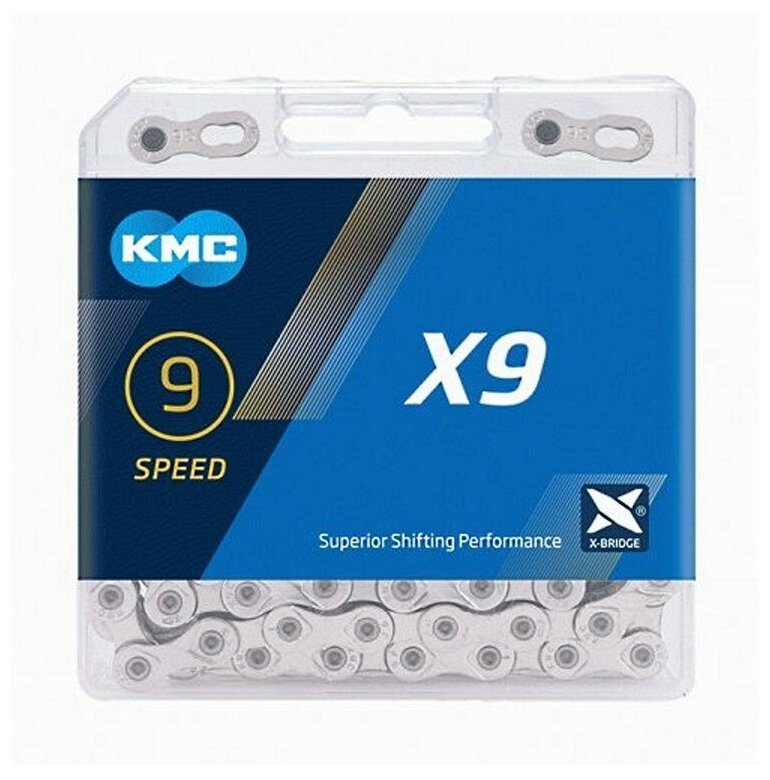 Цепь велосипедная KMC X9 Silver, 9 скоростей, 114 звеньев, 1/2" x 11/128", серебряная