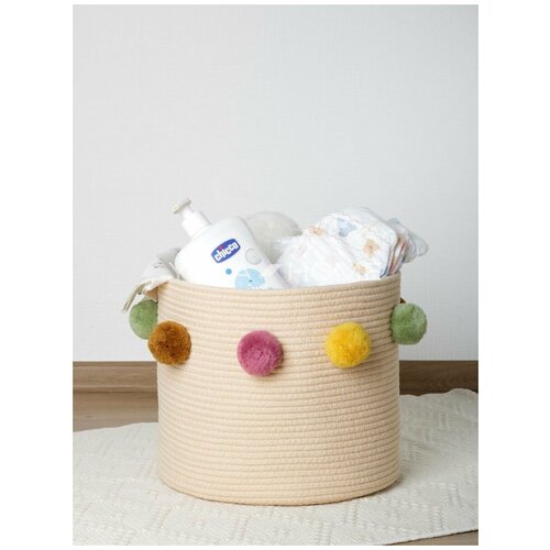 Корзинка с помпонами для хранения игрушек вещей плетеная хлопковая 2700₽