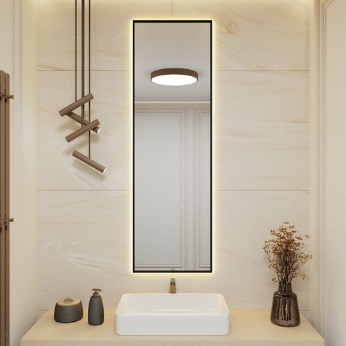 Зеркало с подсветкой в алюминиевой раме настенное ALUMIRROR 150х40см. Свет: Теплый белый 3000К. Черное