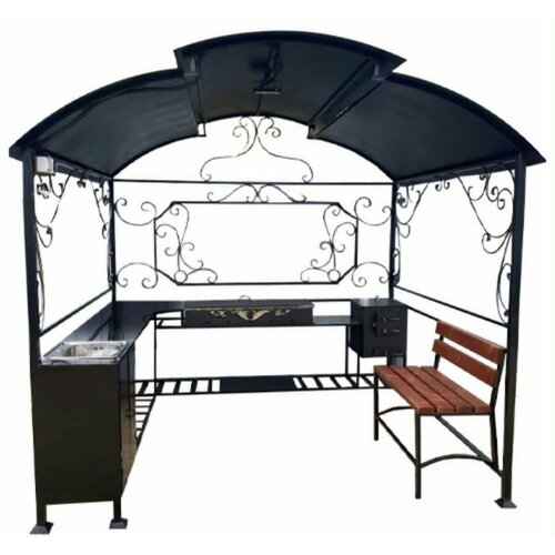 Мангальная беседка "Медея XL" с жаровней и печью, лавочка и дровница черный