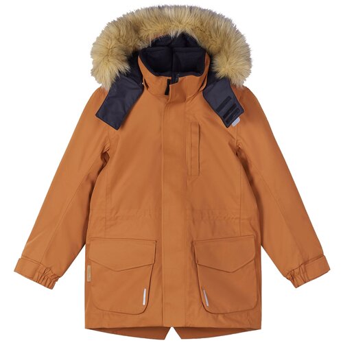 фото Парка reima, демисезон/зима, карманы, капюшон, отделка мехом, мембранный, размер 110, коричневый