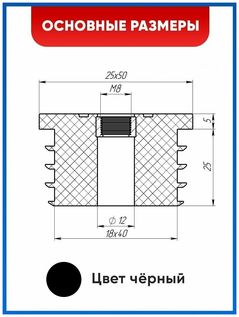 Заглушка пластиковая для профильной трубы 25х50 с резьбой М8 (4 шт.) — фото 1