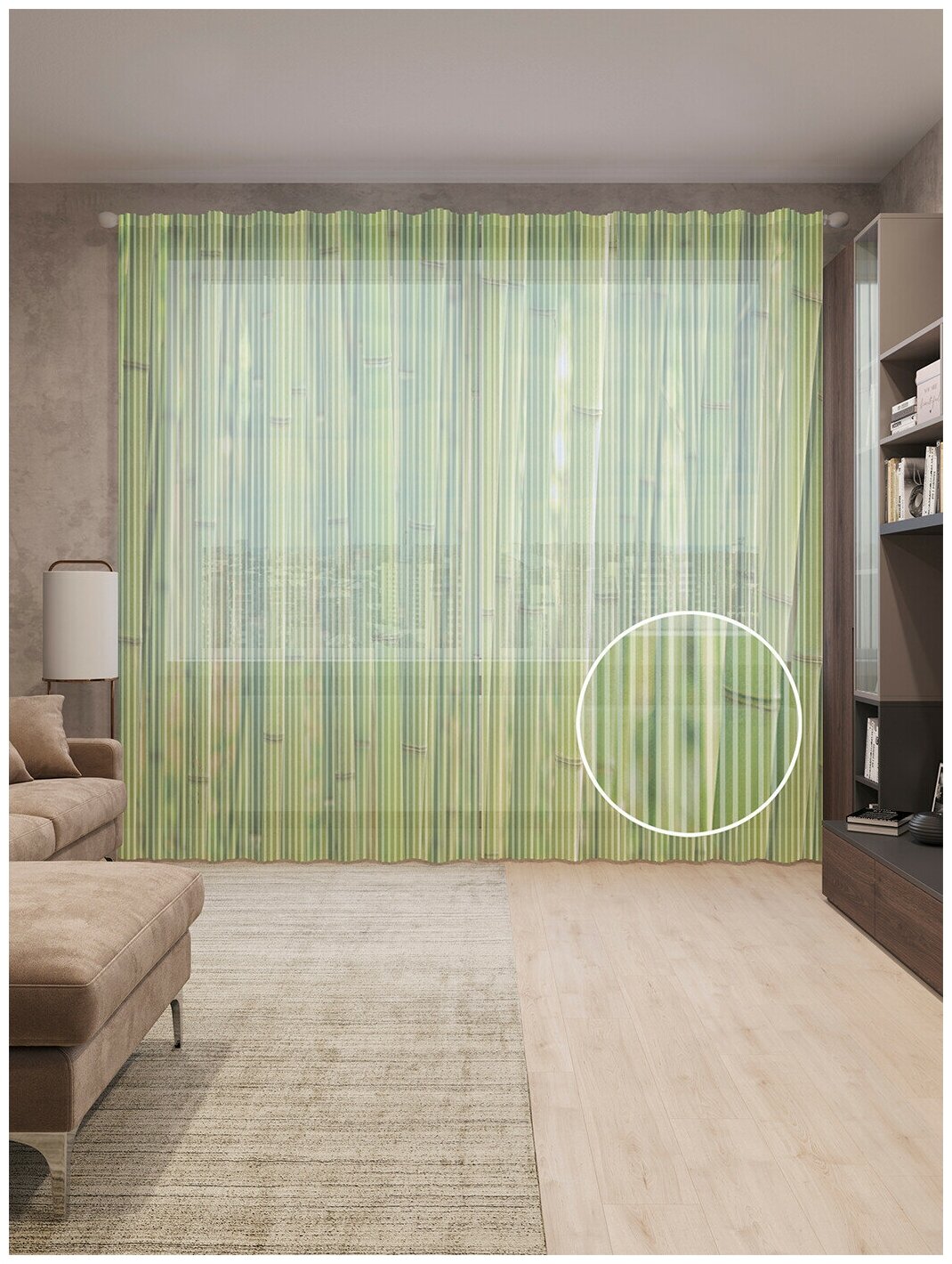 Тюль вуаль на шторной ленте с принтом 'Бамбуковый секрет' для гостиной, зала, кухни, спальни, детской, 310х265 см; Зеленый, серый