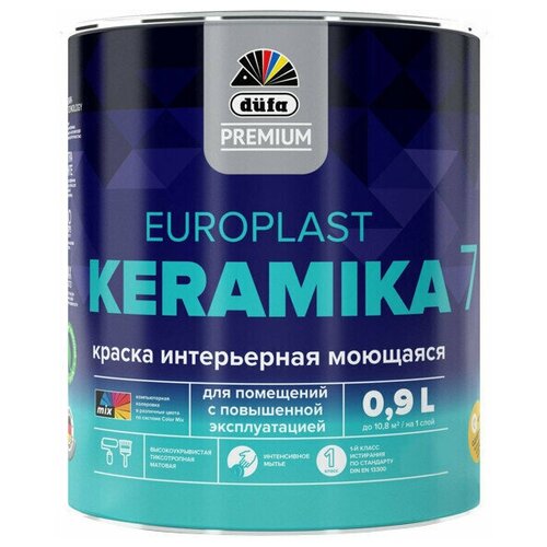 Краска в/д DUFA Premium EuroPlast Keramika 7 база 3 для стен и потолков 0,9л бесцветная, арт. МП00 краска для стен и потолков dufa premium keraline keramik paint 7 матовая прозрачная база 3 9 л