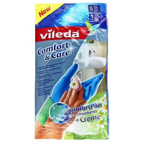 фото Перчатки Vileda Comfort & Care с кремом для чувствительной кожи, 1 пара, размер S, цвет голубой