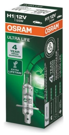 Лампа автомобильная Osram Ultra Life H1 55W P14.5s 12V, 1шт, 64150ULT