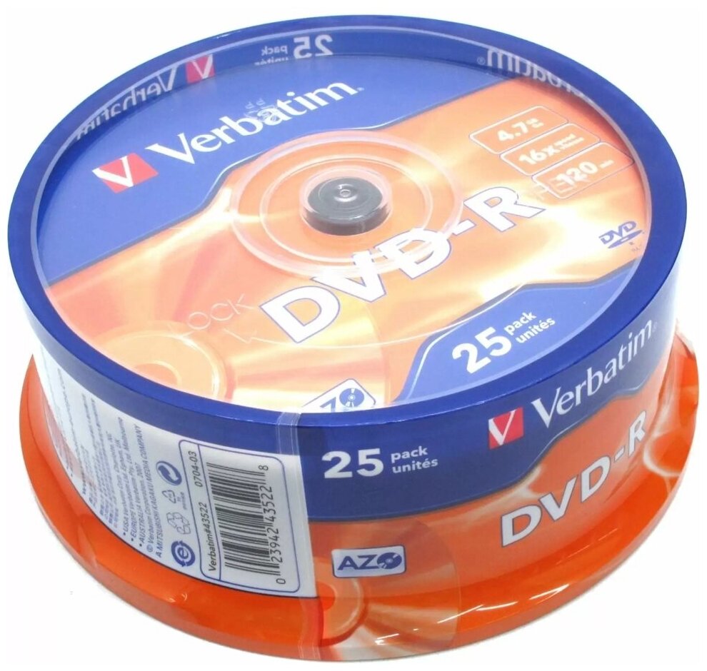 Диски DVD-R 4.7Gb Verbatim 16х 25 шт Cake Box <43522>