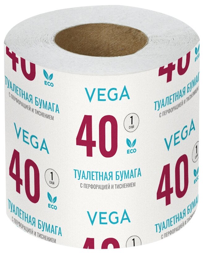 Бумага туалетная 1-слойная Vega, белая, 40м, перфорация, тиснение, 48 рул/уп (339243)