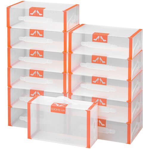 Набор 12 коробок для хранения женской обуви 30х18х10 см EL Casa Оранжевая кайма, складные, с ручкой