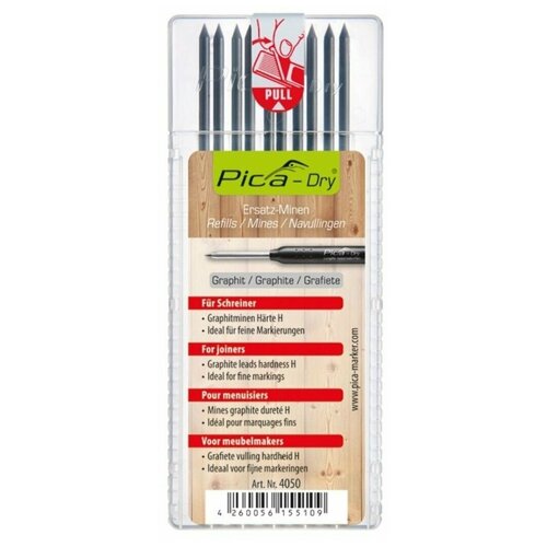 PICA-MARKER 4050 К-т грифелей для карандаша Pica - Dry (10 шт графитовые, твердость H) в кейсе