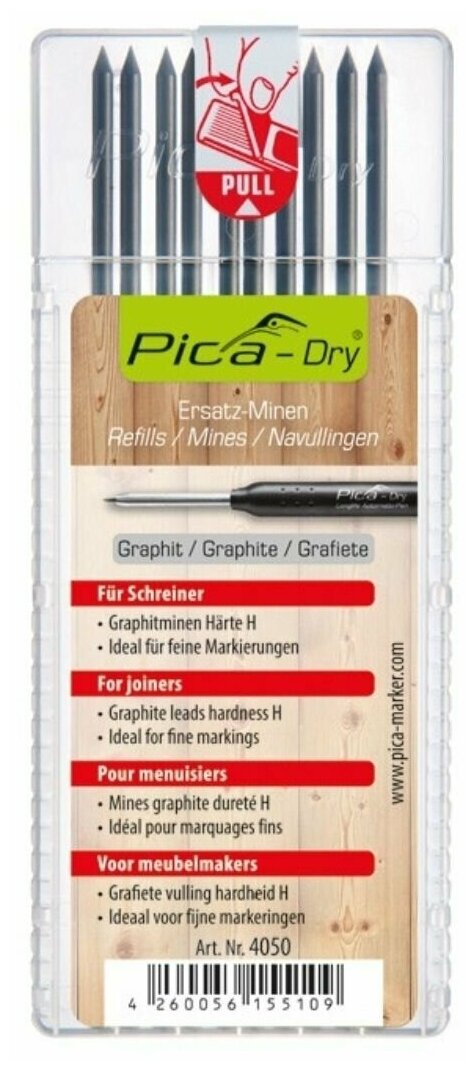 PICA-MARKER 4050 К-т грифелей для карандаша Pica - Dry (10 шт графитовые твердость H) в кейсе