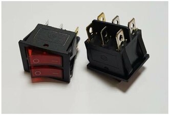 1 шт., Переключатель, двойной, клавиши красного цвета, с подсветкой, 6 контактов, на 250 Вольт, KCD4-2101 (KCD3-2101, RWB-510, SC-797, REXANT 36-2411)