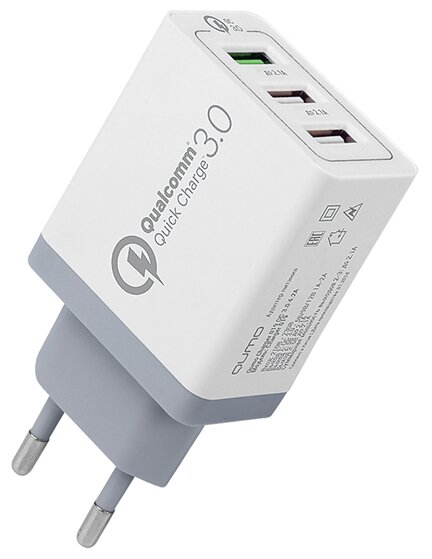 Зарядное устройство сетевое Qumo Quick Charge 3.0 3 USB (Charger 019), Quick charge 3.0, 3 USB, QC 3.0 + 2,1A, белый