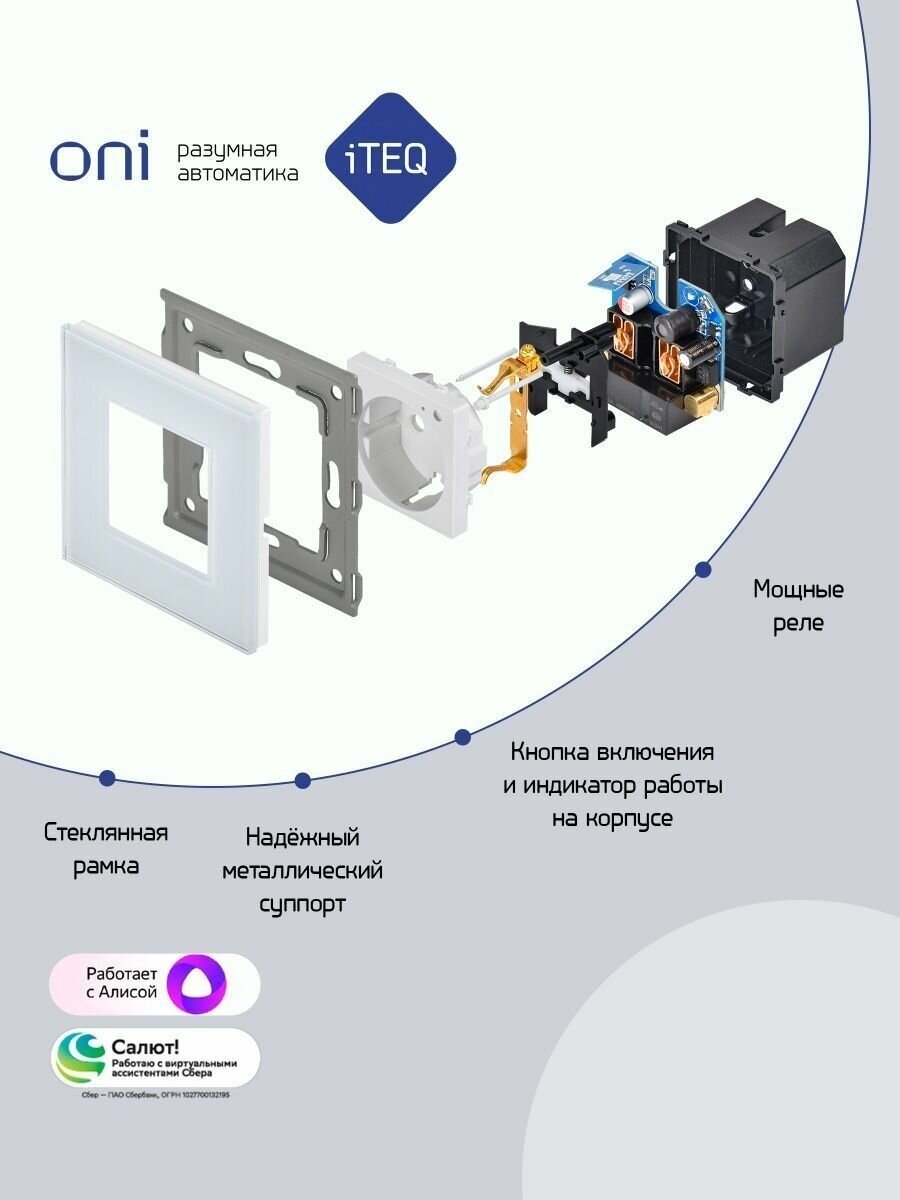 Умная розетка 16А с поддержкой WIFI+BLE со стеклянной рамкой и защитными шторками, ONI iTEQ SMART - белая — фото 1