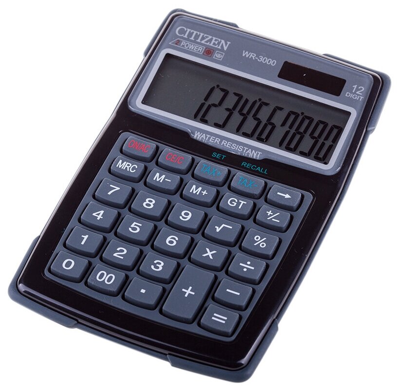 Калькулятор водонепроницаемый WR-3000 12 разрядов, двойное питание, 106*152*38 мм, серый