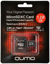 Карта памяти microSDXC Qumo QM128GMICSDXC10U1 128 Гб класс 10 UHS-I - 90*20 МБ/с UHD Video 4K - с адаптером SD