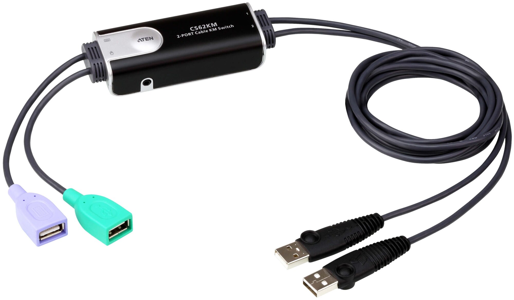 Переключатель электрон. KVM+Audio 1 user USB+VGA => 2 cpu USB+VGA со встршнурами USB 2x1.2м. 2048x153KVM-переключатель ATEN CS62KM [CS62KM-AT] кабельный 2 порта USB функция Boundless Switching 2 PORT USB KVM+ AUDIO Switch. usb Boundless S