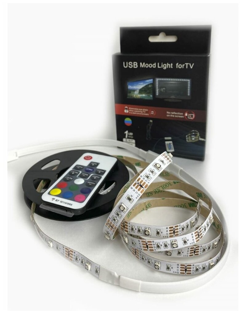 LED подсветка, светодиодная лента для TV комплект гелеос T12 4,8Вт/5V, USB (лента 200 см), с пультом, многоцветная - фотография № 1