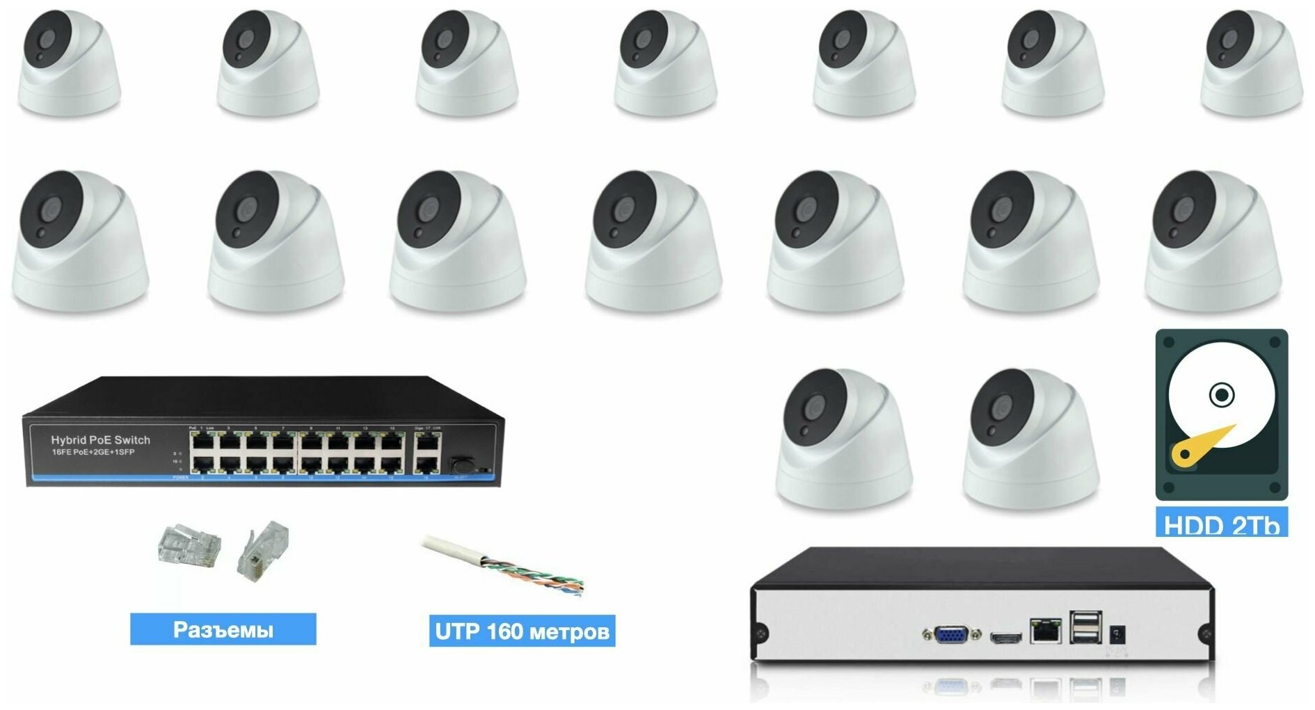 Полный IP POE комплект видеонаблюдения на 16 камер (KIT16IPPOE04M5B_HDD2TB_UTP