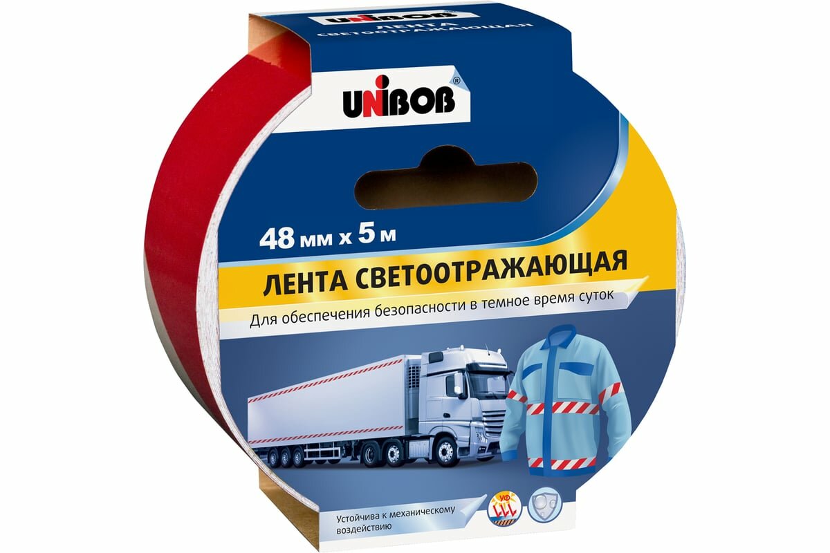 Клейкая лента UNIBOB разметочная светоотражающая 48 мм х 5 м Красно Белая 214946