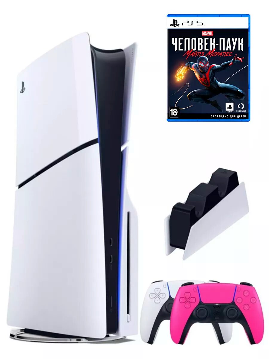 PS5 (ПС5) Игровая приставка Sony PlayStation 5 Slim disk+2-й геймпад(розовый)+зарядное+ Человек-паук: Маилз-Моралес , 1000 ГБ