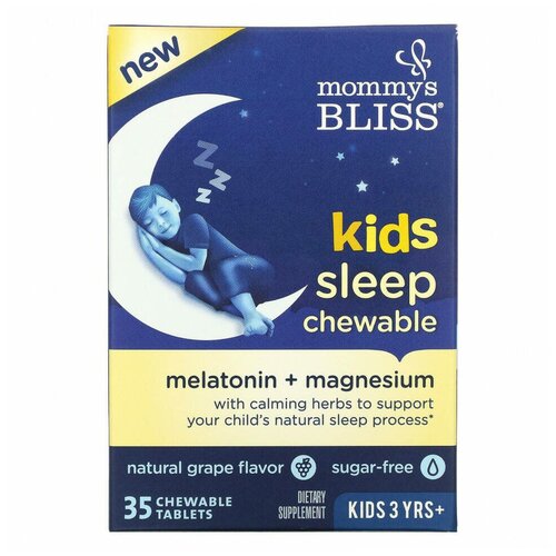 Mommy's Bliss, детские жевательные таблетки для сна, мелатонин + магний, для детей от 3 лет, натуральный виноград, 35 жевательных таблеток