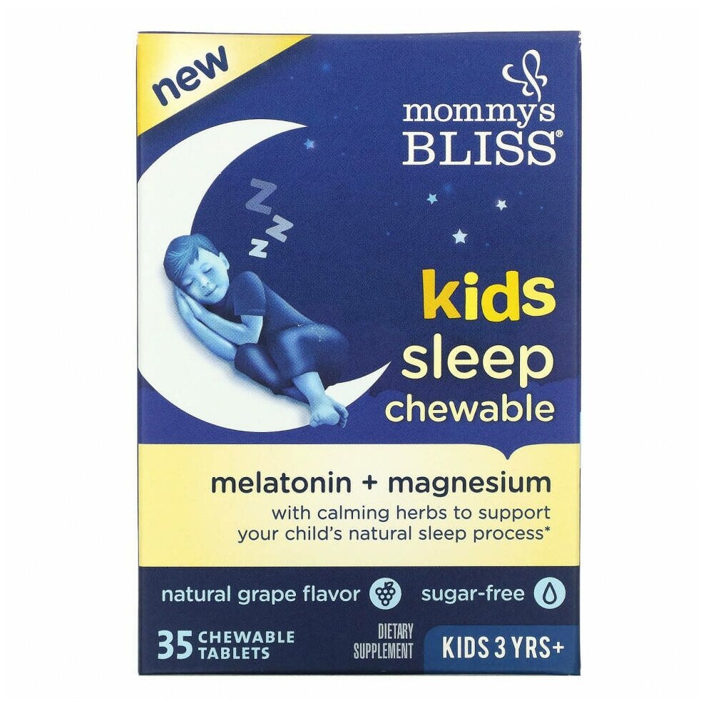 Mommy's Bliss детские жевательные таблетки для сна мелатонин + магний для детей от 3 лет натуральный виноград 35 жевательных таблеток