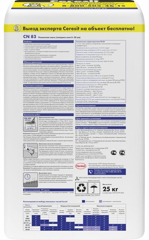 Ремонтная смесь для бетона Церезит CN 83, фасовка 25 кг