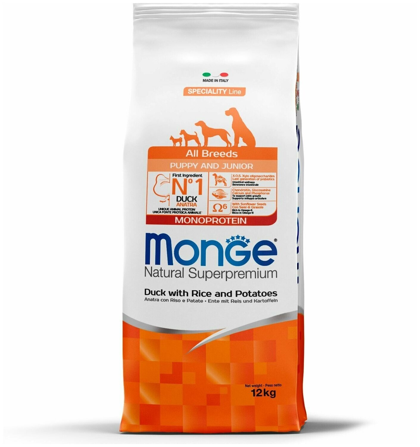 Monge Dog Speciality Line Monoprotein для щенков всех пород утка с рисом и картофелем 12 кг — фото 1