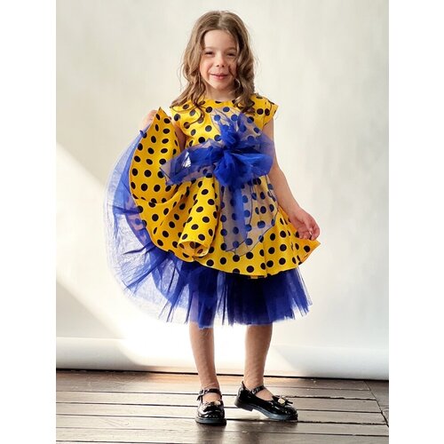 Платье для девочки праздничное бушон ST70, цвет желтый/синий принт горох