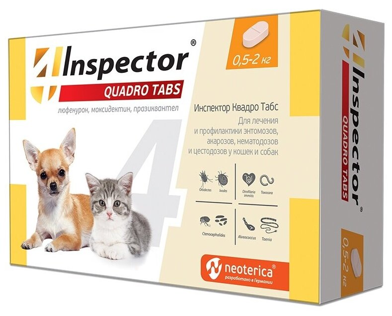 INSPECTOR QUADRO TABS таблетки для собак и кошек весом от 0,5 до 2 кг против внутренних и внешних паразитов уп. 4 таблетки (1 уп) — купить в Краснодаре по низкой цене на Яндекс Маркете