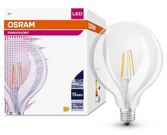 Лампочка светодиодная OSRAM Шар G125 E27 65Вт 220В 806Лм Филаментная 2700К теплый белый упаковка 1шт