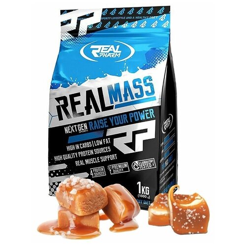 Гейнер Real Pharm Real Mass 1кг Карамель для роста мышечной массы, для набора массы, спортивное питание