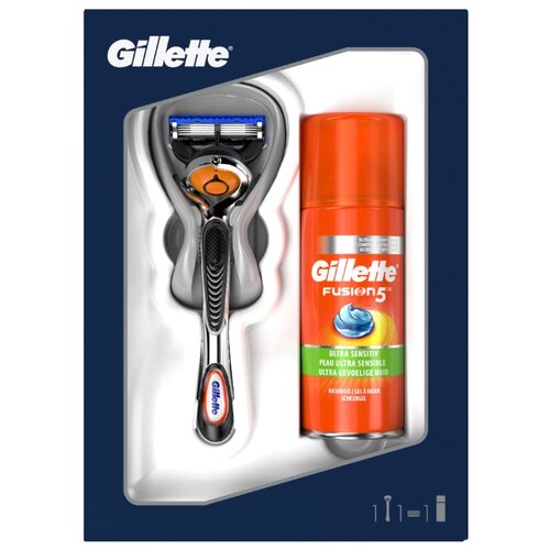 фото Подарочный набор Gillette: гель для бритья Fusion5 Ultra Sensitive 75 мл и бритва Fusion5 ProGlide + сменные кассеты – 1 шт.