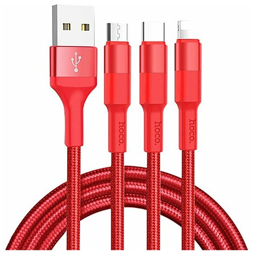 Кабель USB HOCO X26 Xpress 3 в 1 для Lightning, Micro USB, Type-C, 2.0A, длина 1.0м, красный