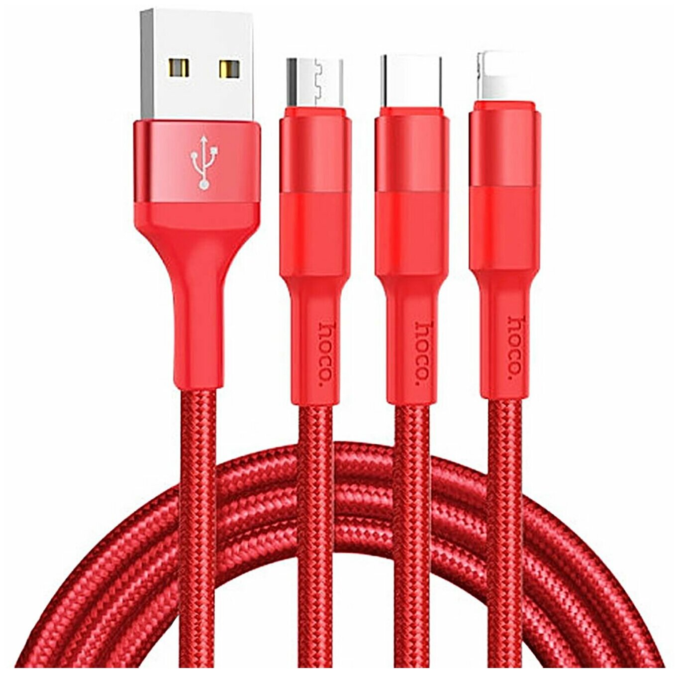 Кабель USB HOCO X26 Xpress 3 в 1 для Lightning Micro USB Type-C 2.0A длина 1.0м красный